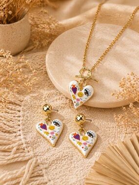 Heart Charm Evil Eye Enamel Necklace & Earring Set - White Floral NWT